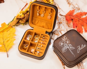 Personalized Jewelry Boxes, Birth Flower Jewelry Case, Travel Case For Bridesmaids, Minimal Jewelry Box, Jewelry Organizer, Jewelry Box