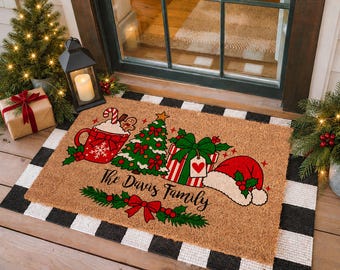 Custom Family Name Christmas Doormat, Natural Coir Welcome Mat, Winter Patio Decor