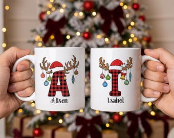 Custom Christmas Initial Mug, Plaid Reindeer Design, Personalized Coffee Mug