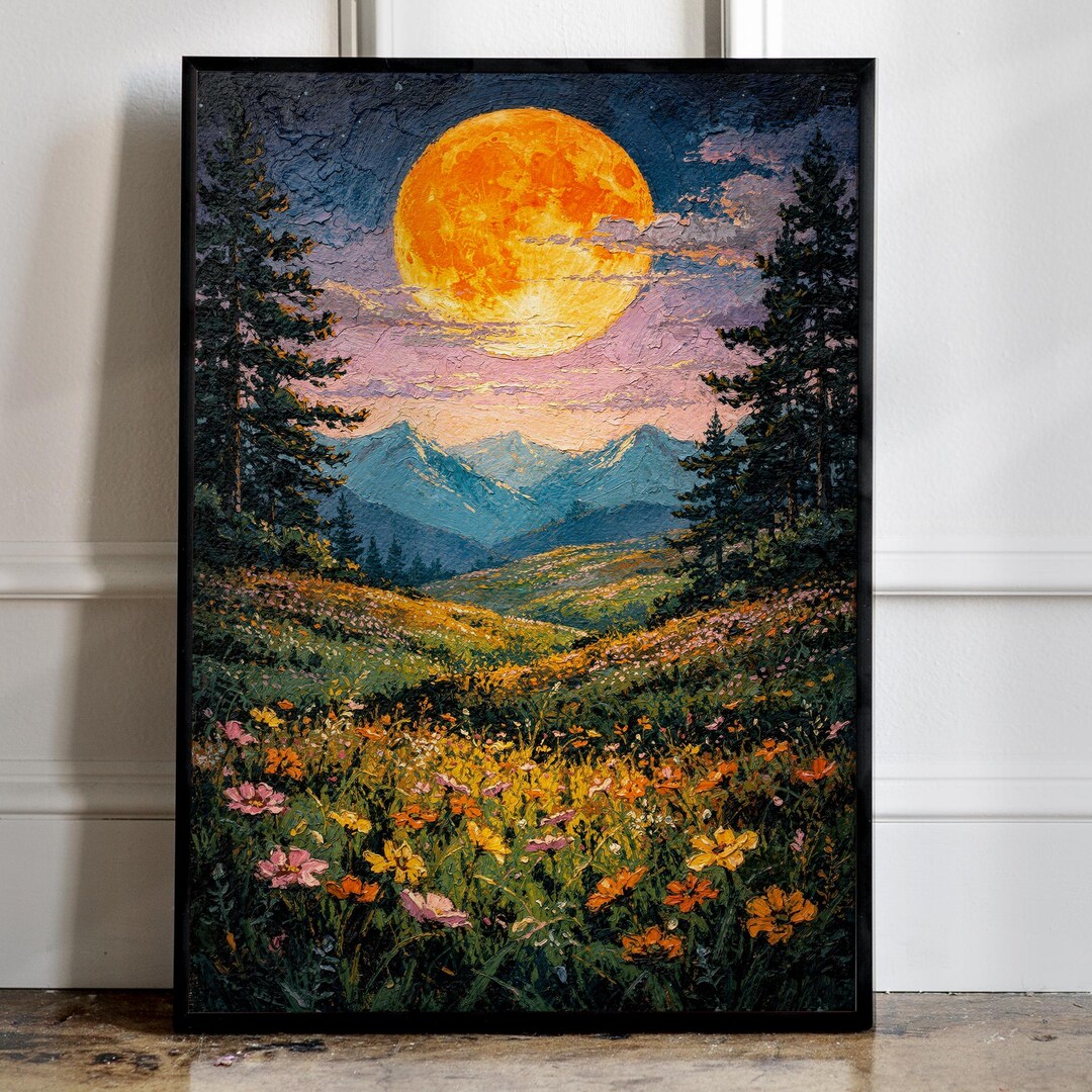 Wildflower Field Landscape Oil Painting Print, Textured Floral Wall Art ...