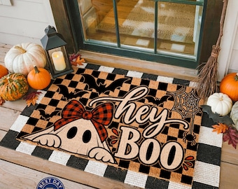 Hey Boo Halloween Doormat, Spooky Season Porch Decor, Coir Mat