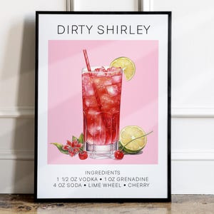 Lámina enmarcada de Dirty Shirley, póster de cóctel, decoración de pared de habitación, decoración de sala de estar, póster estético de mujeres, marco de fotos de cóctel