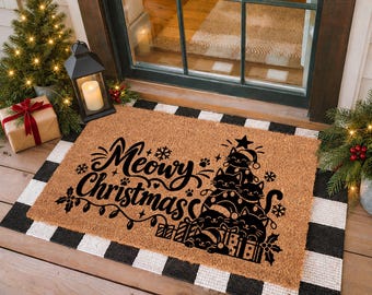Meowy Christmas Doormat, Cat Lover Gift, Cute Holiday Welcome Mat