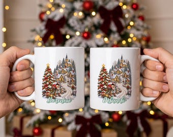 Personalized Christmas Village Mug, Custom Name Ceramic Coffee Cup (11oz/15oz)