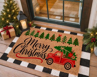 Merry Christmas Doormat, Realtor Gift, Holiday Truck Welcome Mat