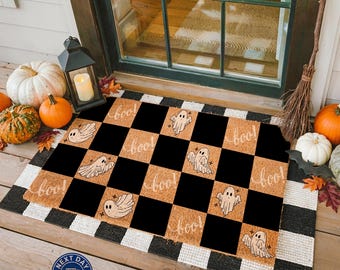 Spooky Halloween Doormat, Checkerboard Ghosts, Fall Porch Decor