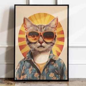 May include: A cat wearing sunglasses and a floral shirt, with a retro sunburst behind it.