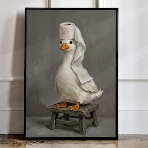Funny Duck Bathroom Print, Playful Duck with Toilet Paper Design Framed Poster, Humorous Animal Wall Art