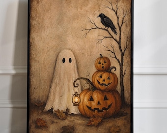 Ghost & Pumpkin Poster, Halloween Themed Gift, Vintage Print