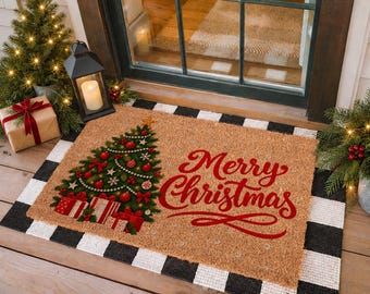 Merry Christmas Happy New Year Doormat, Holiday Porch Decor, Outdoor Mat