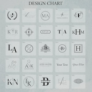 May include: Design chart with 25 different monogram designs. Each design features a combination of letters, decorative elements, and names. The designs are arranged in a grid format.