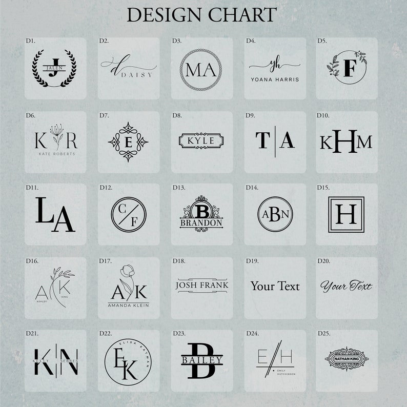May include: Design chart with 25 different monogram designs. Each design features a combination of letters, decorative elements, and names. The designs are arranged in a grid format.