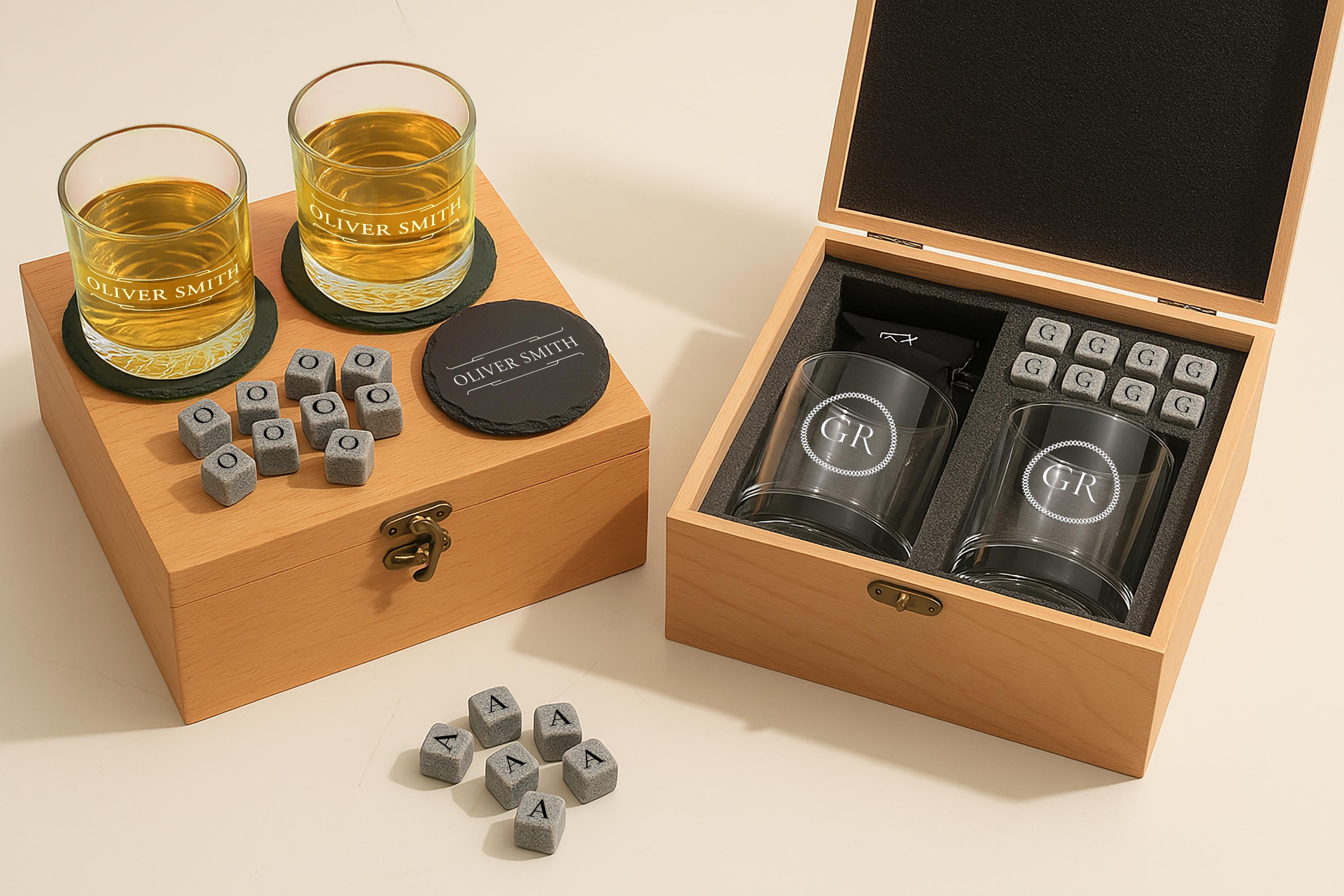 Custom Boxed Whiskey Set, Engraved Bourbon Glasses, Luxury Whiskey Set ...