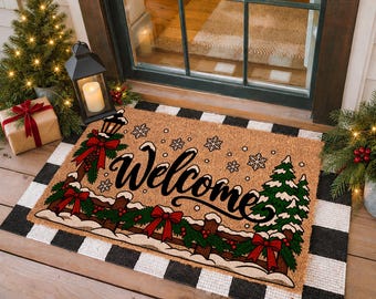Winter Welcome Doormat, Holiday Home Decor, Snowy Christmas Trees