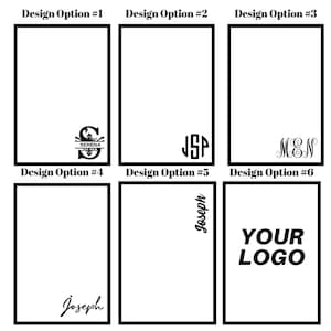 May include: Six different design options for a personalized logo. The options include a monogram, a name with a decorative flourish, a name with a simple font, and a simple logo with the text "YOUR LOGO".