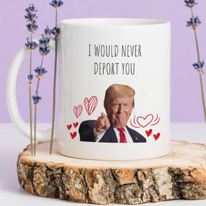 May include: White ceramic mug with the text "I WOULD NEVER DEPORT YOU" and an image of a man pointing. Red hearts are scattered around the image. The mug is on a wooden surface.