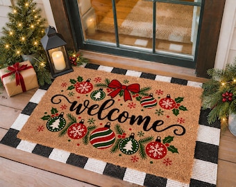 Christmas Doormat, Natural Coir Welcome Mat, Seasonal Decor