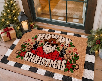 Howdy Christmas Doormat, Santa Welcome Mat, Western Decor