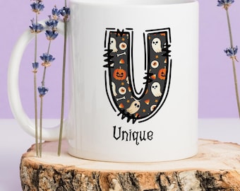 Halloween Alphabet Ceramic Mug, Custom Name Initial Mug, Spooky Season, Creepy Gift