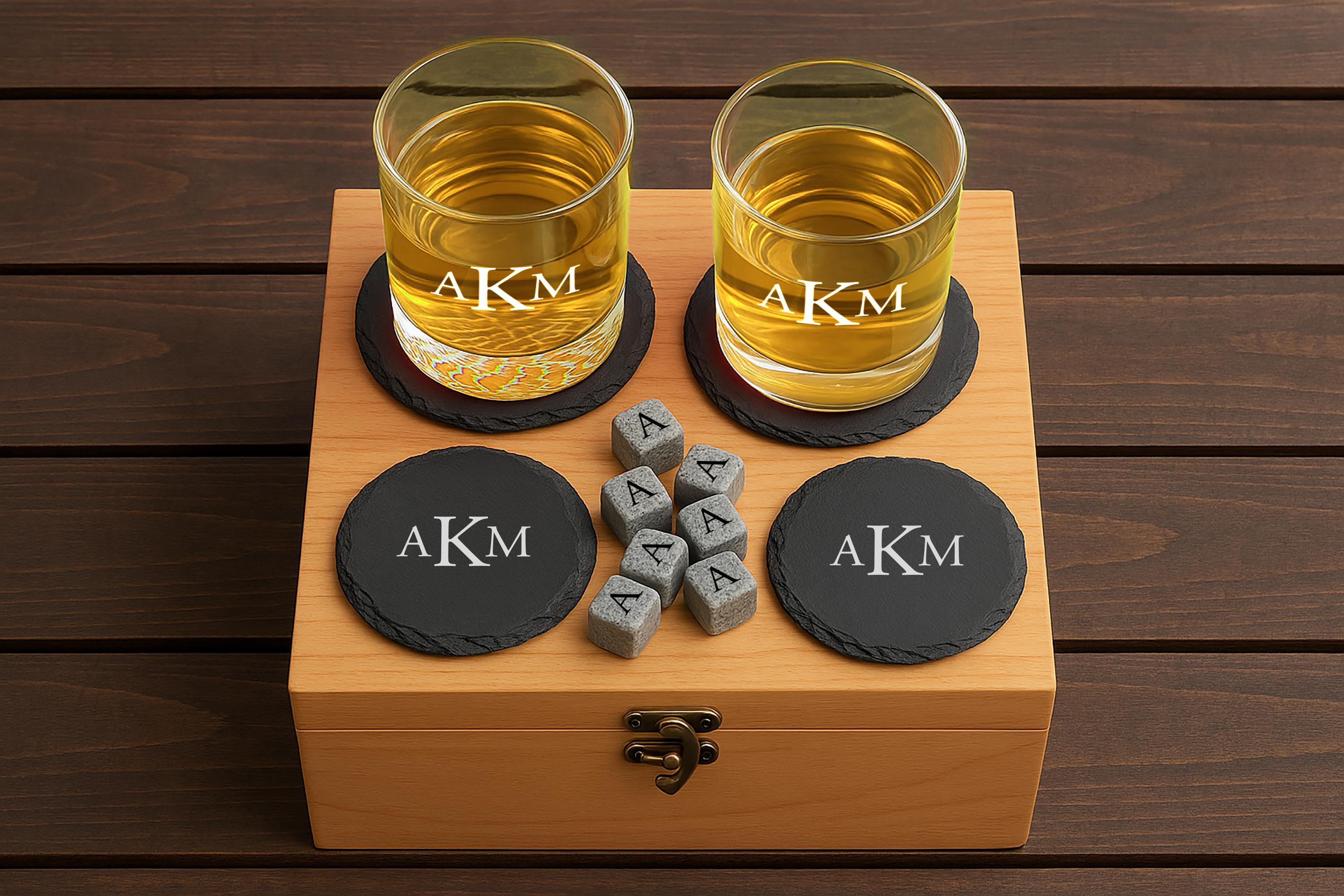 Custom Initial Whiskey Set, Engraved Glasses, Slate Coasters, Gift Box ...
