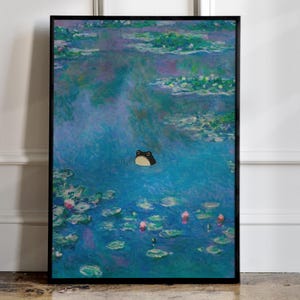 May include: A framed art print featuring a whimsical frog in a pond, inspired by Monet's water lilies. The artwork showcases a vibrant blue and green color palette with lily pads and a cartoon frog.