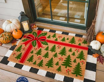 Christmas Doormat, Coir Mat, Pine Trees, Red Bow, Winter Decor
