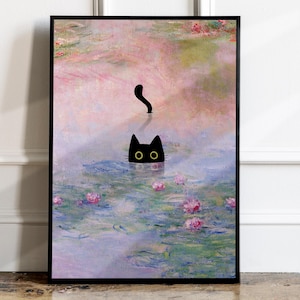 May include: A black cat with yellow eyes peeks out of a pond with water lilies. The water is a hazy blue and green with pink water lilies. The background is a soft pink and purple.