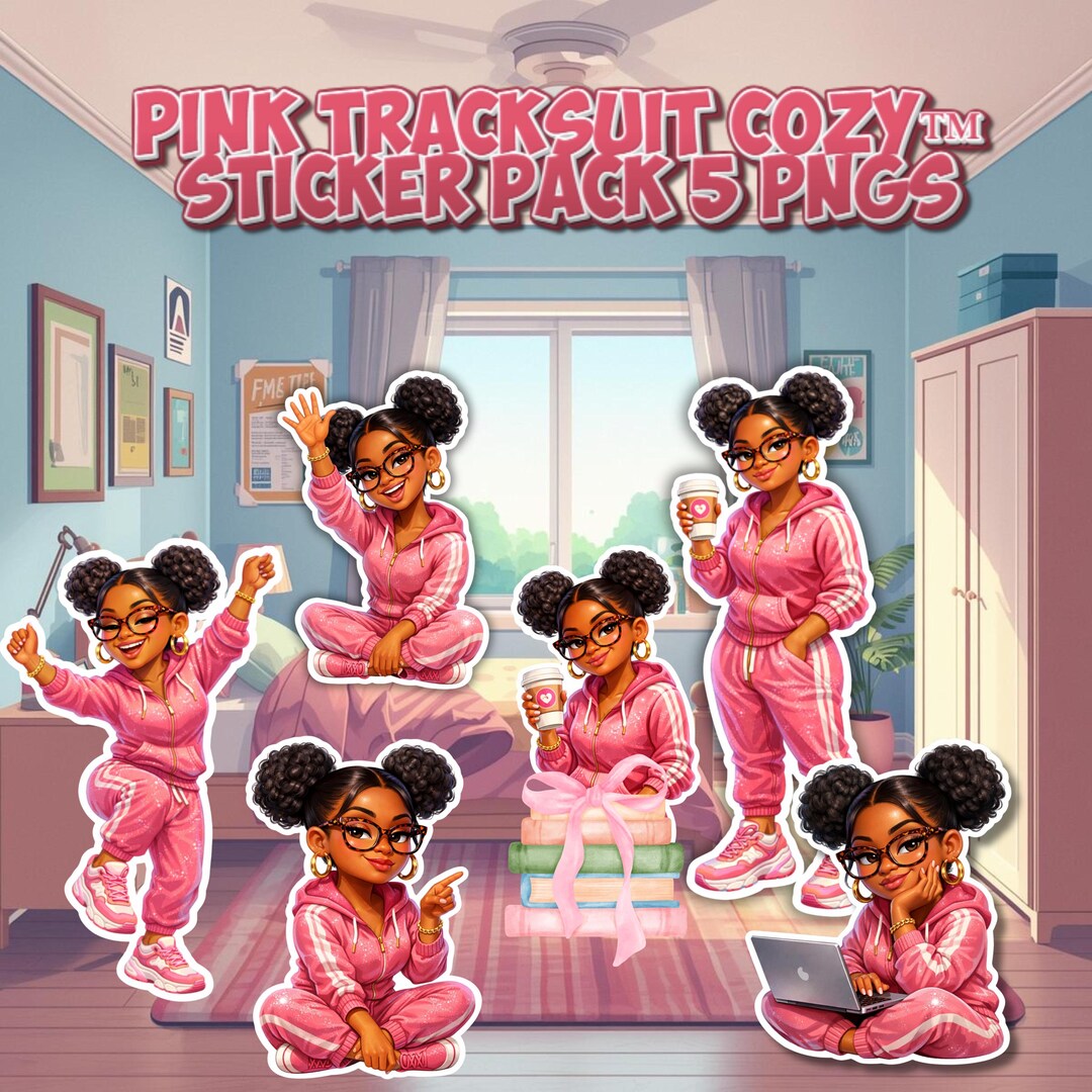 Pink Tracksuit Cozy™ Sticker Pack | Afro-glam Black Girl PNG Stickers ...