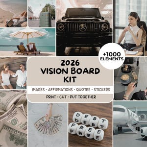 Pode incluir: Um kit de vision board com várias imagens, afirmações, citações e adesivos. O kit inclui imagens de um carro de luxo, dinheiro e uma cena de praia. O texto no kit diz "2026 Vision Board Kit" e "+1000 Elements".