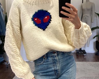 Handmade Alien Knit Sweater, Italian Wool Alpaca Pullover