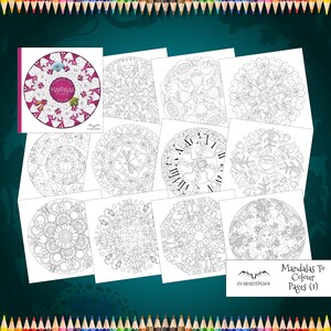 K&ouml;nnte beinhalten: Eine Sammlung von Mandala-Malvorlagen mit komplexen Schwarz-Wei&szlig;-Linienzeichnungen. Das Cover oben links zeigt ein kreisf&ouml;rmiges Blumen-Mandala in Magenta und Wei&szlig; mit dem Text Mandalas to Colour. Weitere Seiten zeigen verschiedene Themen wie Fr&uuml;chte, Uhren, Kaffee, Sonnenblumen und himmlische Motive.