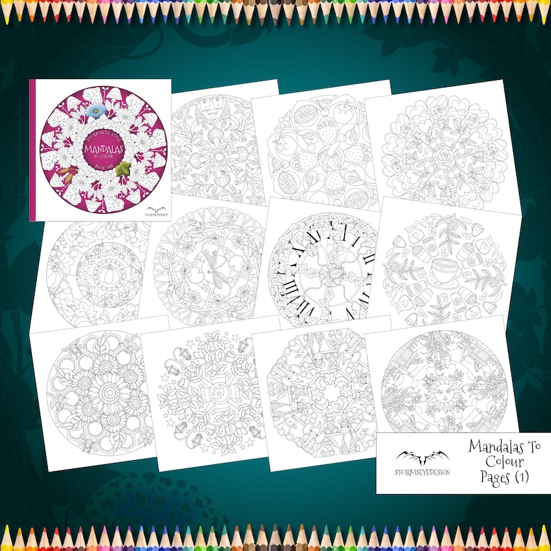 K&ouml;nnte beinhalten: Eine Sammlung von Mandala-Malvorlagen mit komplexen Schwarz-Wei&szlig;-Linienzeichnungen. Das Cover oben links zeigt ein kreisf&ouml;rmiges Blumen-Mandala in Magenta und Wei&szlig; mit dem Text Mandalas to Colour. Weitere Seiten zeigen verschiedene Themen wie Fr&uuml;chte, Uhren, Kaffee, Sonnenblumen und himmlische Motive.