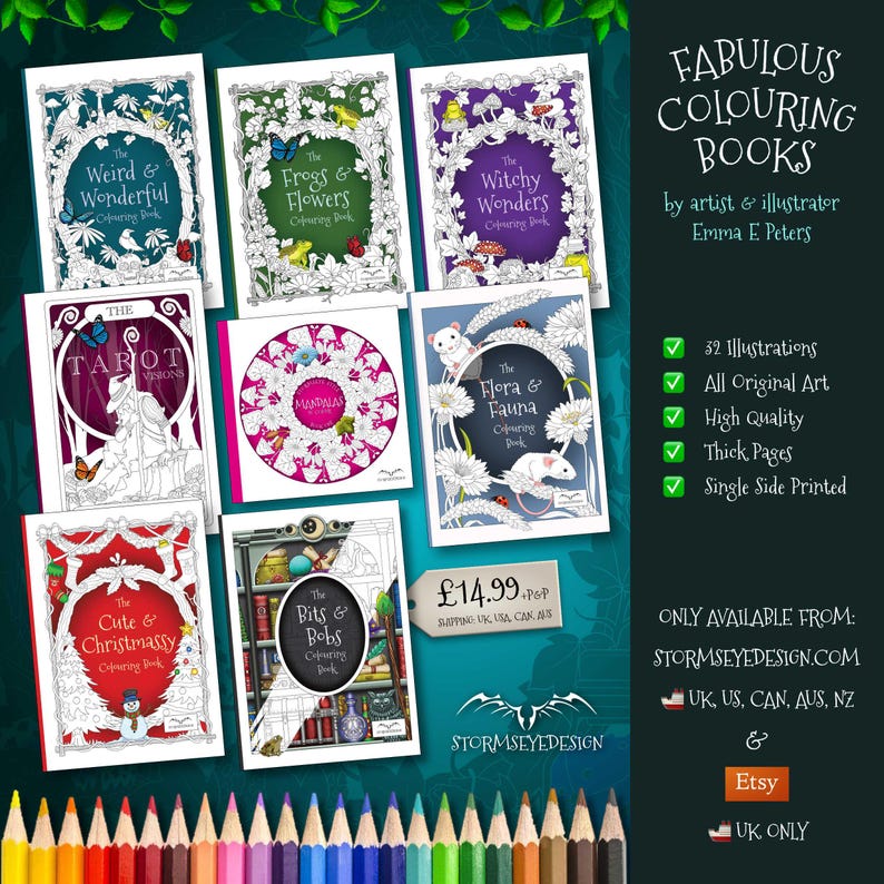 K&ouml;nnte beinhalten: Eine Sammlung von acht Malb&uuml;chern von Emma E. Peters mit Titeln wie The Weird & Wonderful, Frogs & Flowers, Witchy Wonders, Tarot Visions, Mandalas, Flora & Fauna, Cute & Christmassy und The Bits & Bobs, mit Buntstiften im unteren Bereich.