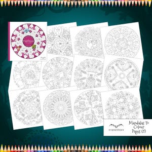 K&ouml;nnte beinhalten: Eine Sammlung von Malvorlagen mit komplexen Mandala-Designs, die florale, tierische und nat&uuml;rliche Motive enthalten. Das Cover oben links zeigt den Text "Mandalas to Colour" in einem magentafarbenen Kreis. Unten rechts steht der Text "Mandalas To Colour Pages (2)".