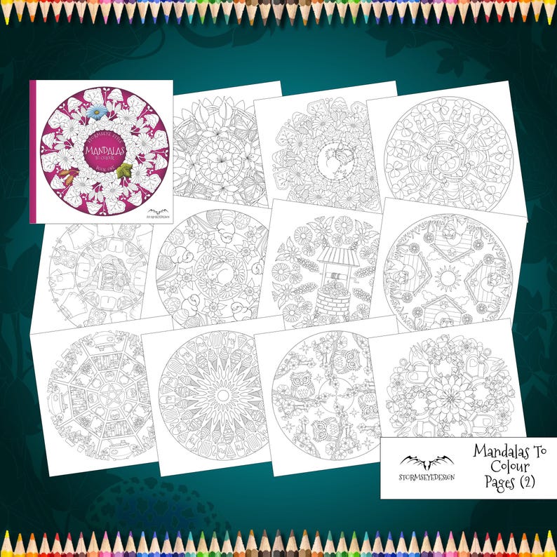 K&ouml;nnte beinhalten: Eine Sammlung von Malvorlagen mit komplexen Mandala-Designs, die florale, tierische und nat&uuml;rliche Motive enthalten. Das Cover oben links zeigt den Text "Mandalas to Colour" in einem magentafarbenen Kreis. Unten rechts steht der Text "Mandalas To Colour Pages (2)".