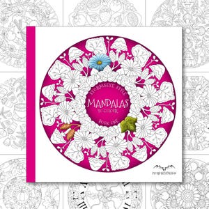 K&ouml;nnte beinhalten: Ein quadratisches Malbuch mit dem Titel Stormseye Style Mandalas to Colour Book One. Das Cover zeigt ein kreisf&ouml;rmiges Mandala-Design mit einem leuchtend magentafarbenen Hintergrund, wei&szlig;en Linienzeichnungen von Blumen und Bl&auml;ttern, einer blauen Blume und einem gr&uuml;nen Blatt.