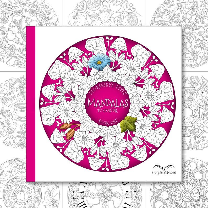 K&ouml;nnte beinhalten: Ein quadratisches Malbuch mit dem Titel Stormseye Style Mandalas to Colour Book One. Das Cover zeigt ein kreisf&ouml;rmiges Mandala-Design mit einem leuchtend magentafarbenen Hintergrund, wei&szlig;en Linienzeichnungen von Blumen und Bl&auml;ttern, einer blauen Blume und einem gr&uuml;nen Blatt.