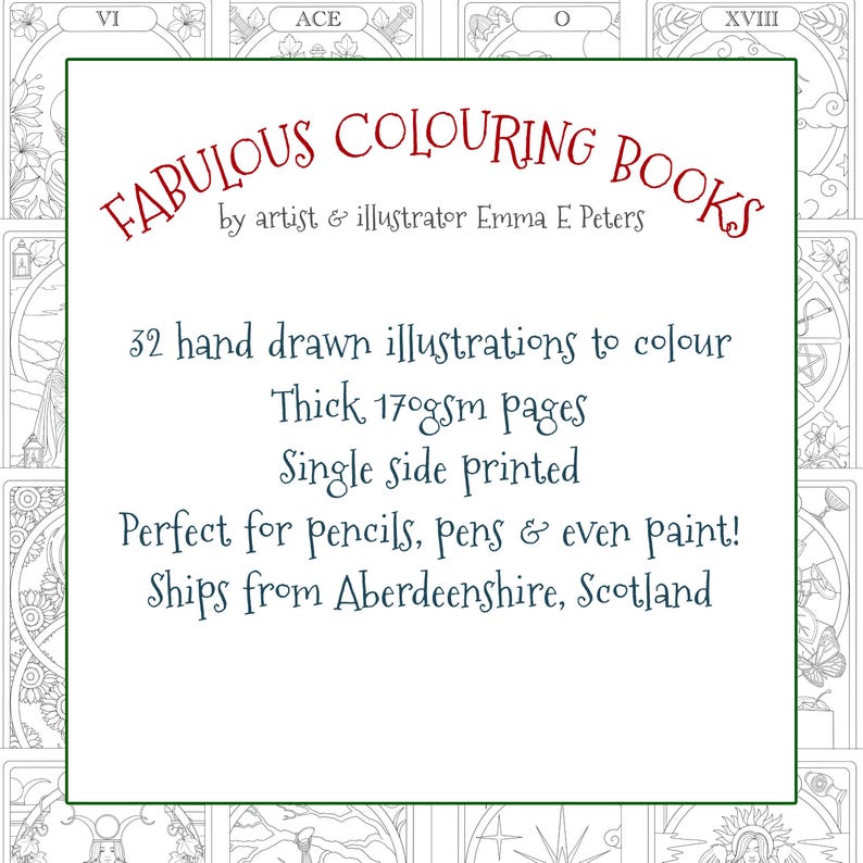 K&ouml;nnte beinhalten: Ein Malbuch mit wei&szlig;em Einband und dem roten Text FABULOUS COLOURING BOOKS von der K&uuml;nstlerin und Illustratorin Emma E. Peters. Es enth&auml;lt 32 handgezeichnete Illustrationen auf dickem 170gsm Papier, das einseitig bedruckt ist.