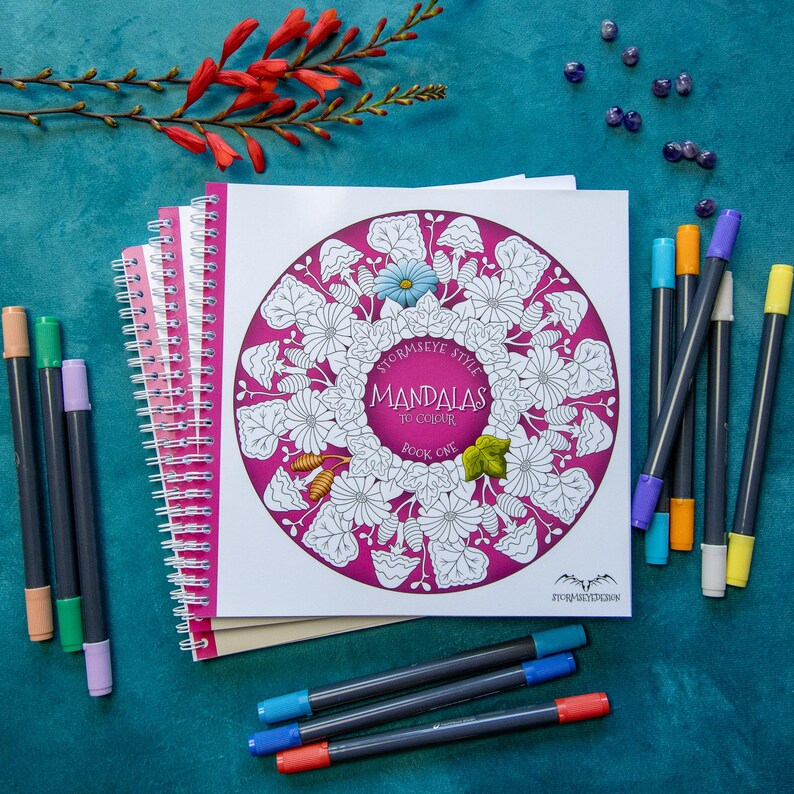 K&ouml;nnte beinhalten: Ein spiralgebundenes Malbuch mit dem Titel Stormseye Style Mandalas to Colour Book One, das ein kreisf&ouml;rmiges Mandala-Design mit Blumen und Pilzen zeigt. Das Cover enth&auml;lt eine blaue Blume und ein gr&uuml;nes Blatt. Mehrere bunte Filzstifte liegen um das Buch herum.