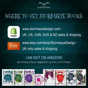 K&ouml;nnte beinhalten: Eine dunkel-t&uuml;rkisfarbene Infografik mit dem Titel WHERE TO GET STORMSEYE BOOKS: mit Shopify- und Etsy-Logos, Website-URLs und dem Text I AM NOT ON AMAZON! Darunter befinden sich acht illustrierte Malbuch-Cover mit verschiedenen Themen.