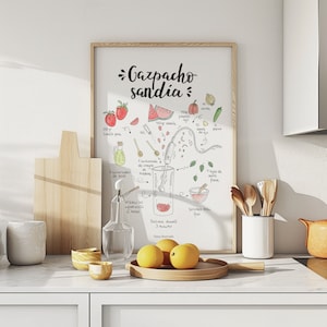 Watercolor gazpacho recipe painting, Illustrated recipe print,Watercolor illustrated recipe,Decorative kitchen print,Artistic culinary guide