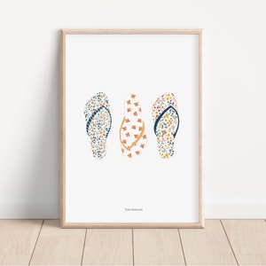 Slippers print met aquarelbloemen A4/ Aquarel illustratie van bedrukte slippers/ Kleurrijke zomerse wanddecoratie