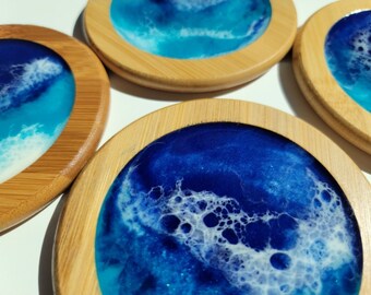 Handmade abstract ocean resin coasters on bamboo wood, Ocean waves decor, Epoxy art, Kitchenware, Beach theme coasters, Set of 4, Home