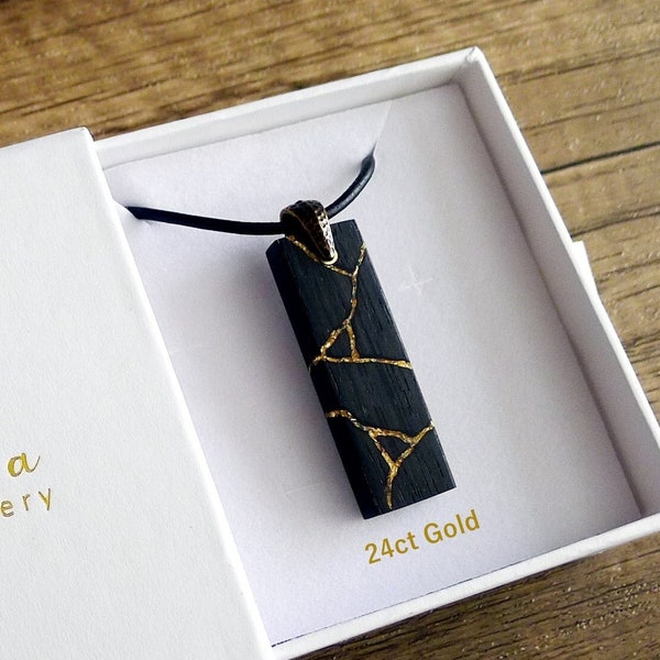 Kintsugi Necklace. Japanese Art. Bog Oak Wood Necklace. Wabi-Sabi. Choice of 24ct Gold, Gemstone or Opal Inlay. Anniversary Gift. Necklace