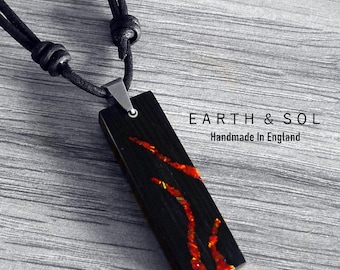 Bog Oak Necklace with Red Lab Opal Inlay, Handmade Pendant