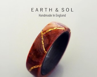 Kintsugi Wood Ring With 22ct Gold Inlay. Redwood Sequoia Wood & Japanese Philosophy-Imperfection. Imperfect Perfection