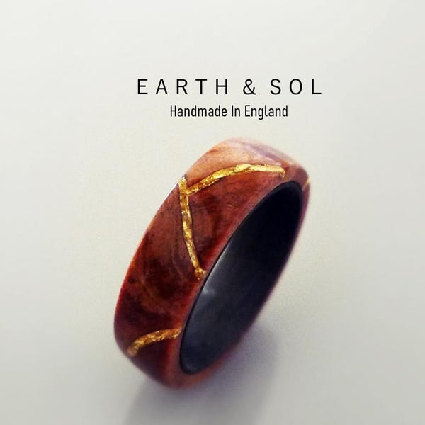 Kintsugi Wood Ring, Real 22ct Gold Inlay, Redwood Burl, Handmade