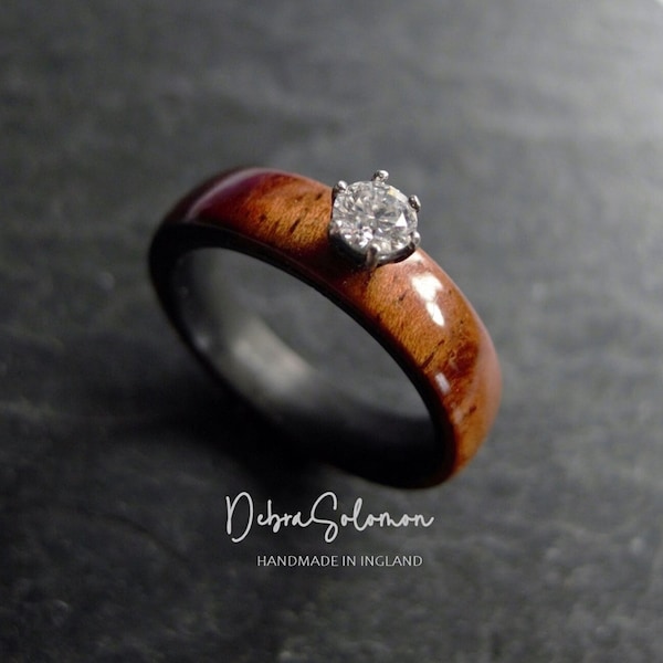 Diamond Solitaire Engagement Ring. Certified Moissanite. Koa Wood & Carbon Fibre Ring. Choice of wood, gemstone, with or without inlay etc