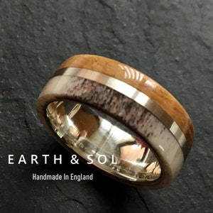 Deer Antler Ring. Oak Wood Ring With Sterling Silver Band. Whiskey Barrel Oak Ring. Anniversary Gift.  Men&#39;s Gift ideas. Wood Wedding Band