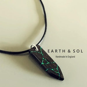 Ancient Bog Oak Wood Necklace Kintsugi Art Pendant. Japanese Art. Wabi-Sabi. Choice 24ct Gold, Gemstone, Opal Inlay. 5 Year Anniversary Gift
